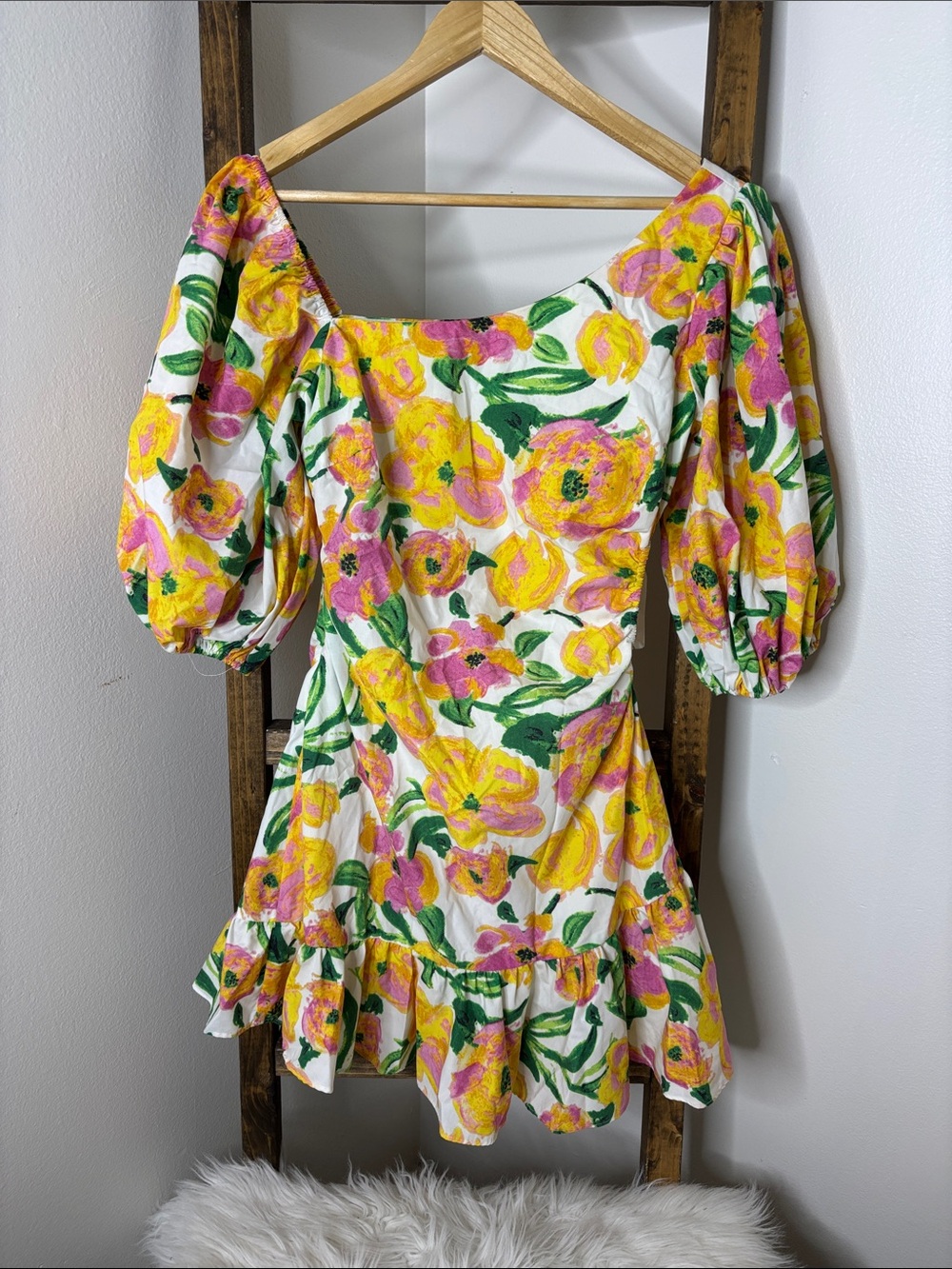 Sage + Paige Floral Puff-Sleeve Mini Dress in Yellow & Pink Size M